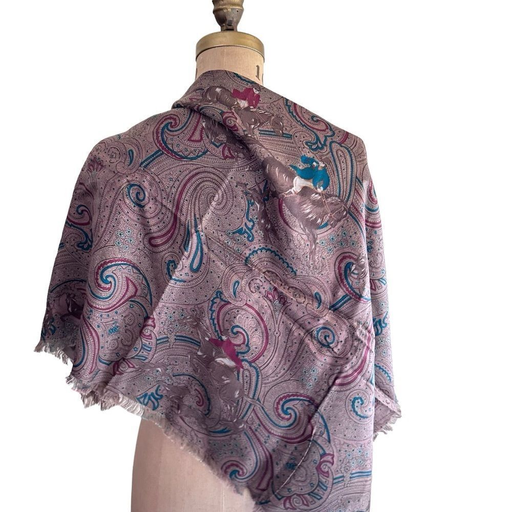 Vintage JH Collectibles Equestrian Horse Hunting theme rayon wool blend scarf